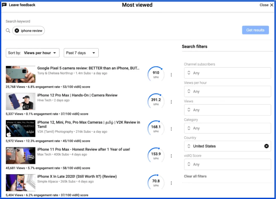 vidIQ-trending-video-filter-option
